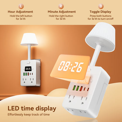 Power Strip Extender with Digital Clock & Desk Lamp – 4 AC Outlets, 3 USB & 2 Type-C Ports, One-Touch On/Off, Overload Protector | Multi-Function Surge Protector for Home, Office, Dorm & School