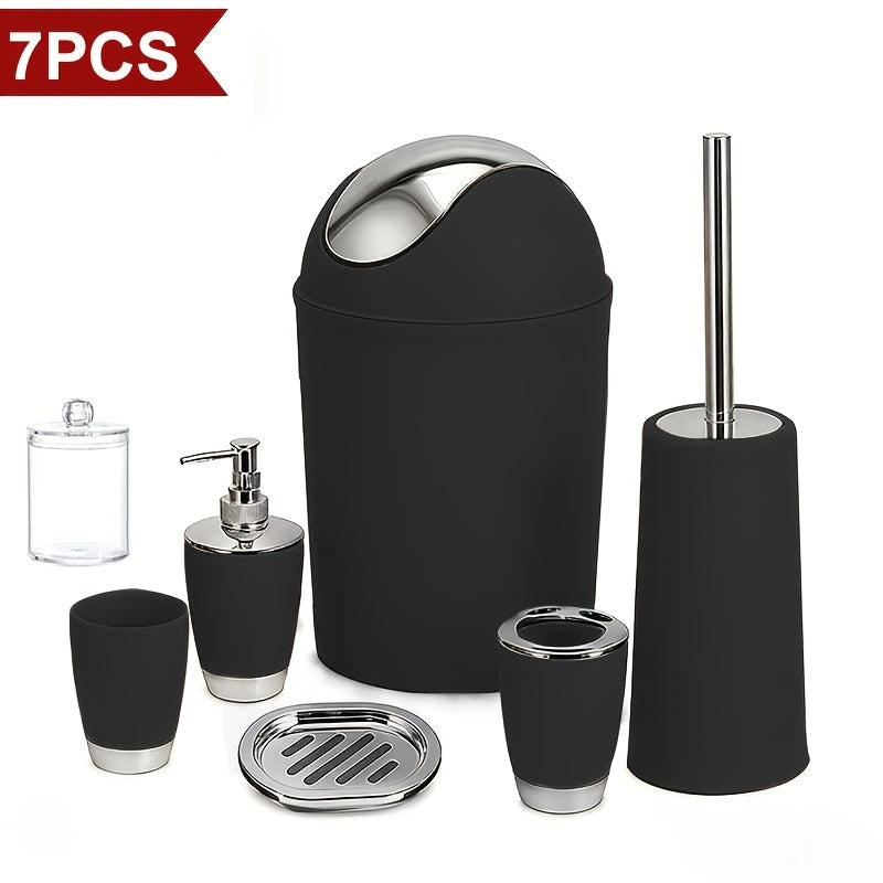 7pcs Luxury Bathroom Accessory Set - Premium Quality, Modern Style - Complete With Trash Can, Toilet Brush, Lotion Dispenser, Soap Dish, Mouthwash Cup & Toothbrush Holder - Space-Saving, Easy To Clean, Ideal For Bathroom Decor And Housewarming Gifts