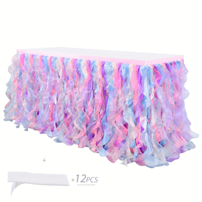 6ft Polyester Willow Table Skirt for Rectangle Round Tables, Ruffle Curly Lace Ballet Tablecloth, Princess Girls Birthday Party Cake Tutu Table Skirt Table Decorations, Christmas Halloween Decoration, Table Skirts for Party Tables, Festive Table Cover, Ev