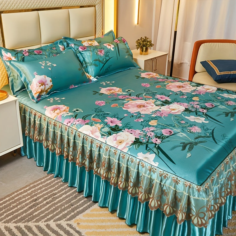 3pcs Double Layer Ruffle Bed Skirt Style Cool Mat Three Piece Set with Pillowcase Washable High Weight 360° Full Wrap