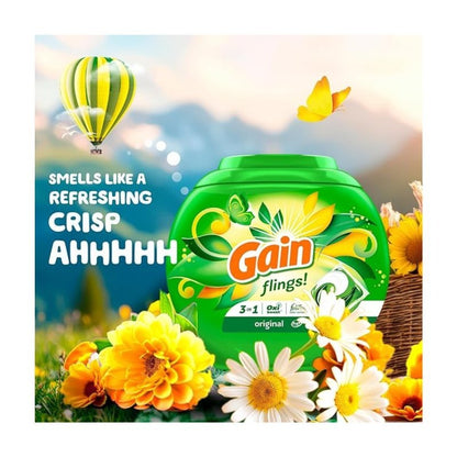 Gain Flings Laundry Detergent Pods 42ct Original Scent - 3-in-1 Concentrated Liquid Pods with Stain Remover & Odor Fighter, HE Compatible Hot & Cold Water, Pre-Measured No-Mess Laundry Pacs