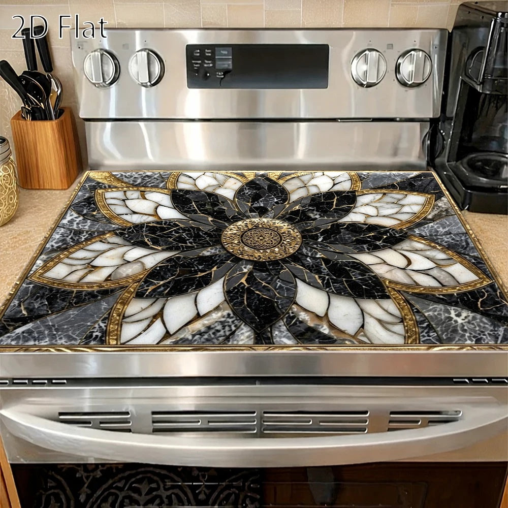 Luxury Black Golden for Lotus Marble Pattern Stove Protector Mat, Heat Resistant, Wear Resistant, Dirt Resistant, Durable, Easy to Clean, Reusable, Suitable for Gas Stove, Glass Cooktop, Induction Cooker, Oven, Washing Machine and Dryer Top