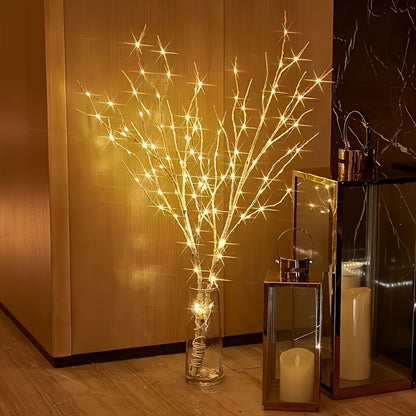 2pcs Decorative Simulation Of Luminous Birch Branches With Green Plants, Artificial Branch Lights Powered By Batteries, Suitable For Elegant Indoor Christmas And New Year Decorations, Fashionable Home Accessories, Decorative Reading Lights