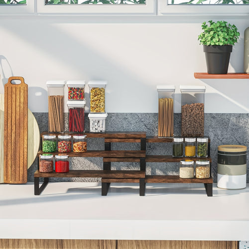 2 Pack 3 Tier Expandable Spice Rack Organizer (13.8" To 26")Display Riser Stand, Kitchen Cabinet Countertop Pantry Coffee Bar Display Shelf For Spice, Liquor, Perfume, Makeup, Figure, Dolls Collection