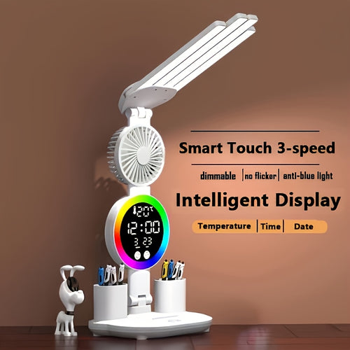 2/1pc Smart Touch Control LED Desk Lamp with USB - Dual Head, Adjustable Brightness & Dimmable& Color Changing Reading Lamp, Built-in Fan And Night Light, Eye-Caring Design, Great for Home Office And Dormitory Study, Multi-Angle Adjustmen.