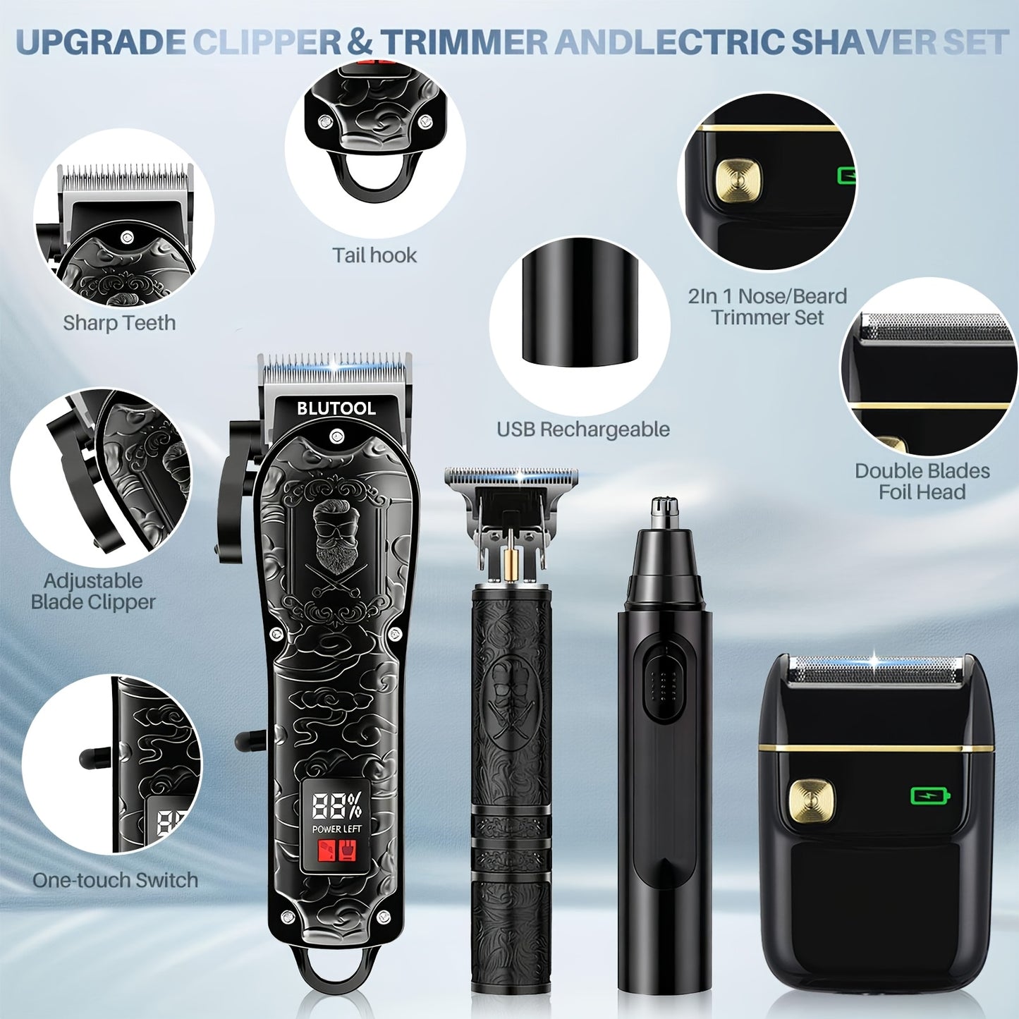 2/ 4pcs USB Rechargeable Men'S Grooming Set: 4pcs Set Includes A Hair Clipper, An Electric Shaver, And A Nose/ear Hair Trimmer, Featuring An LCD Battery Display; 2pcs Set Includes Two Hair Clippers. Makes An Ideal Gift For A Husband Or Boyfriend.