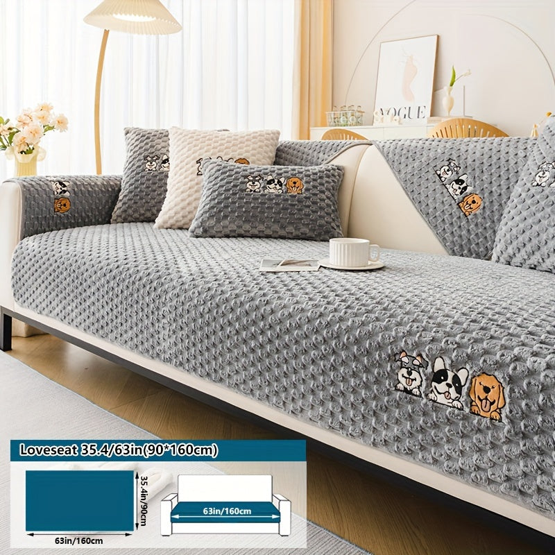 [Pet-Friendly | Velvet] Pet-Friendly Non-Slip 1pc Honeycomb Velvet Sofa Slipcover | Cute Cartoon Dog Embroidery, Bohemian Style Home Decor, Machine Washable Polyester Fabric, Grey, Couch Covers for Sofa