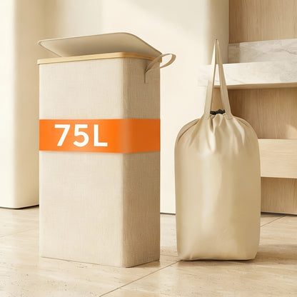 Slim Laundry Hamper With Lid, Narrow Laundry Basket With Removable Bag & Bamboo Handles, Fodable Thin Dirty Clothes Hamper, Laundry Collapsible Bin For Bathroom Bedroom Dorm, Room Decor, Storage And Organization, 13.21gal/17.17gal/19.81gal, Laundry Hamper