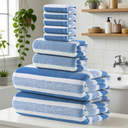 9/15pcs Classic Towel Set, No Hair Loss, Super Absorbent, Super Soft Two-color Striped Interval Bath Towel Combination, Including 2 Large Bath Towels, 2 Large Face Towels, 5 Hand Towels, Bathroom Supplies, And Beach Essentials, Wash Cloths