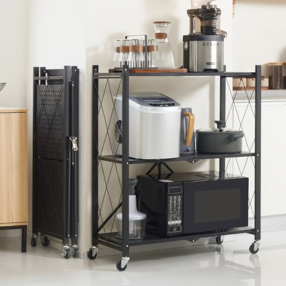3-Layer Heavy-Duty Foldable Metal Storage Rack with Wheels for Movable Organization, Suitable for Garage Kitchens with a Load-Bearing Capacity of Up to 750 Pounds. Black Kitchen Storage Rack, for garage Storage And Storage Rack
