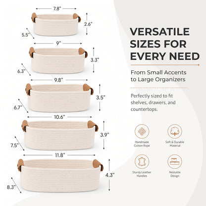 Beautiful Storage Basket Set Of 5 - Sturdy Rope Baskets for Shelves Are Perfect for Organizing Your Home - Quality Storage Bins Easily Fit with Bedroom Decor, Shelf Baskets