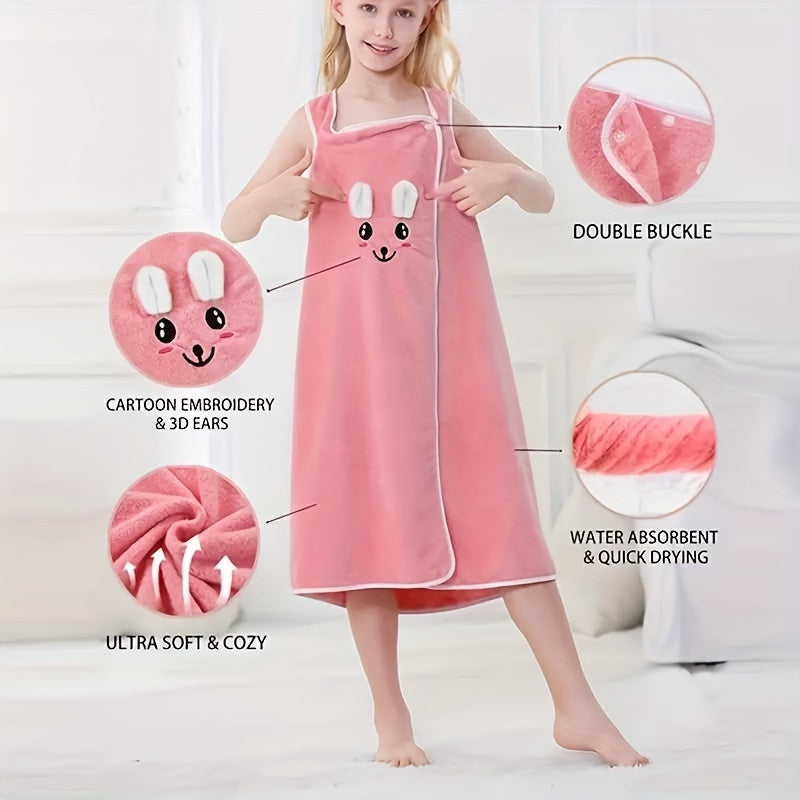 Bath Towel Wrap Featuring Adorable Bunny Ears, Modern Microfiber Cartoon Anime Bath Skirt Designed for Girls, Ultra-Compact Towel Robe Suitable for Ages 6 to 12 - 250Gsm