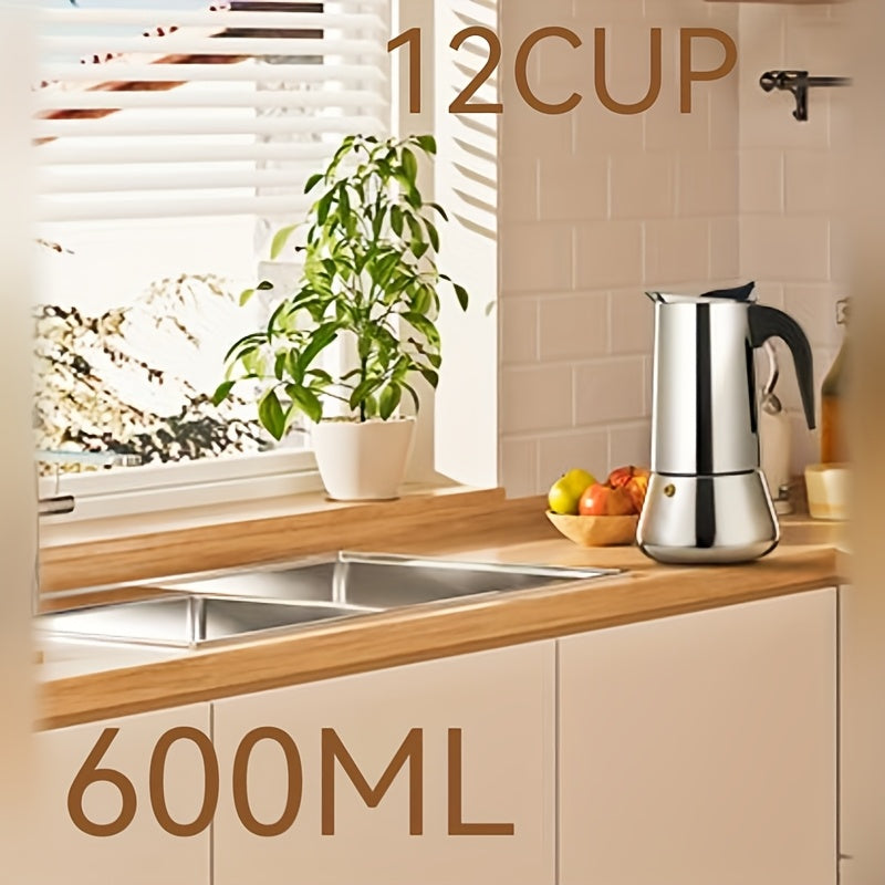 Stainless Steel Moka Pot Espresso Maker, Available in Sizes for 2, 4, 6, 9, Or 12 Cups, Suitable for Stovetop Use. Ideal for Brewing Italian, Cuban, Or Greek Coffee, This Classic Induction Pot Has a Capacity of 600 Ml (20 Oz)