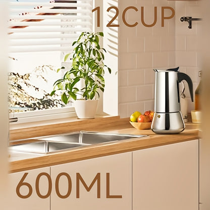 Stainless Steel Moka Pot Espresso Maker, Available in Sizes for 2, 4, 6, 9, Or 12 Cups, Suitable for Stovetop Use. Ideal for Brewing Italian, Cuban, Or Greek Coffee, This Classic Induction Pot Has a Capacity of 600 Ml (20 Oz)