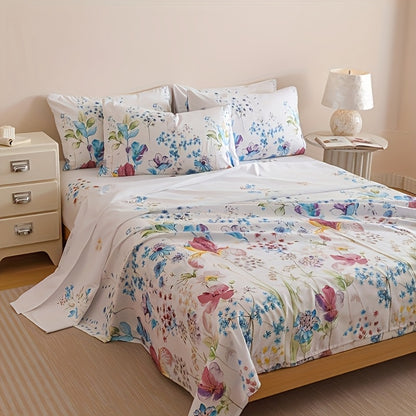 4-Piece Fresh Flowers Bedding Set | 1 Fitted Sheet + 1 Flat Sheet + 2 Pillowcases | Soft & Breathable Polyester | All-Season | Machine Washable
