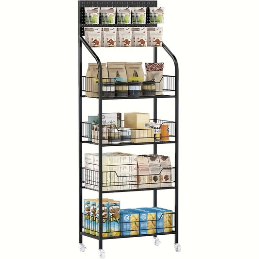 Four-Level Metal Display Rack on Wheels, Featuring a Painted Surface, Separate Shelves, Designed for Floor Use, Versatile for Various Placements, Includes a Snack And Food Display Section, Ideal for Kitchens And Convenience Stores, Standing Shelf