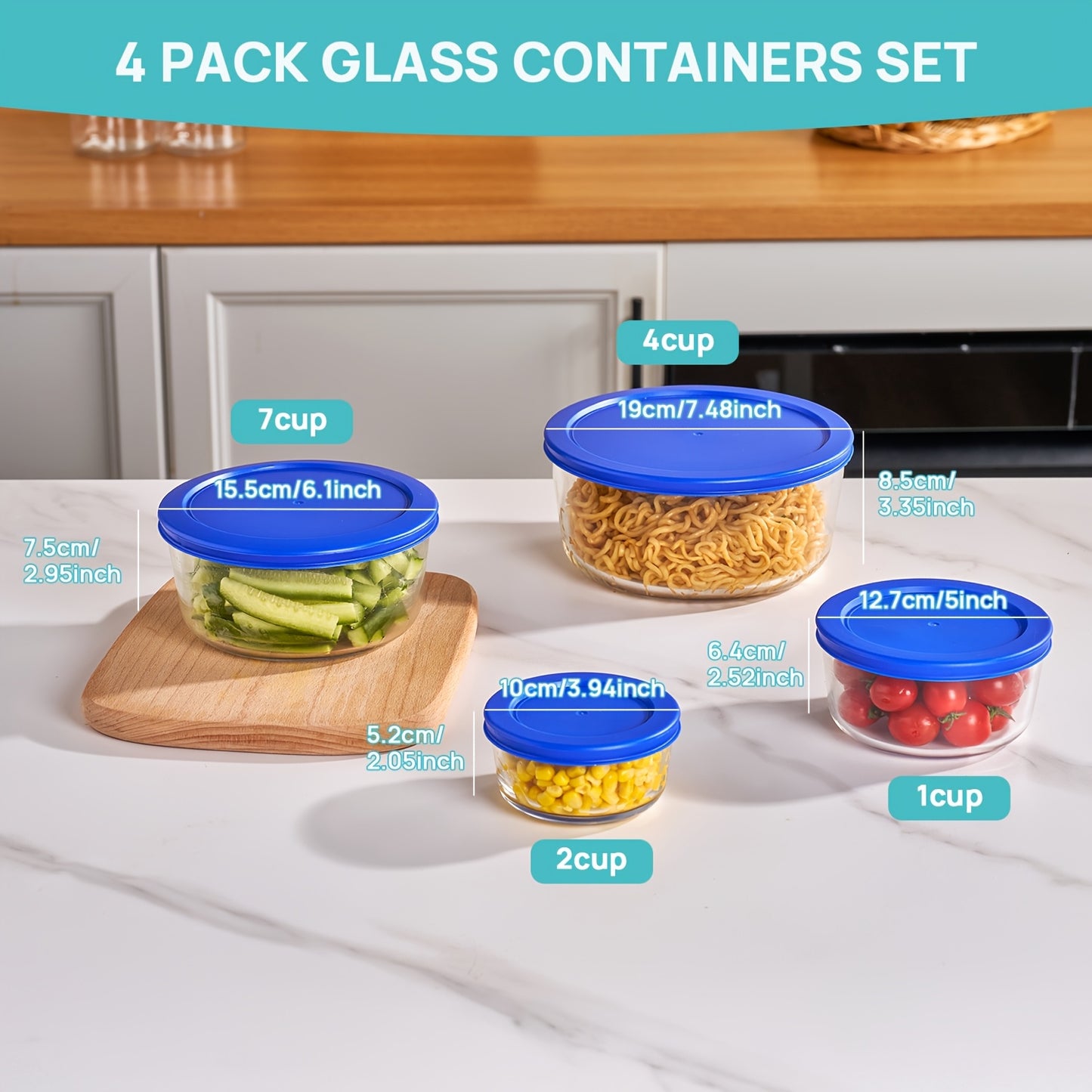 4pcs (4 Pack) Glass Bowls with Flip-Top Lids - Microwave, Dishwasher & Freezer Safe Suitable for Kitchen Storage, Meal Prep Containers, Leftovers Keeper, Lunch Box with Flip-Top Lid, Multi-Size (1,2,4,7 Cup) Glass Food Preservation Bowls