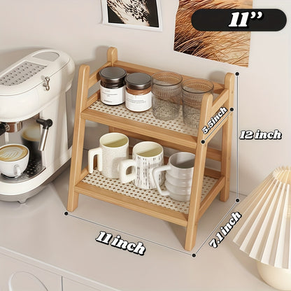 Bamboo Countertop Shelf Organizer 2-Tier - Trapezoidal Wooden Storage Rack for Kitchen Office Bedroom and Desk, Space Saving Riser Shelf for Coffee Cups Books Plants and Everyday Items, Available in Medium, Large or 2 Piece Set