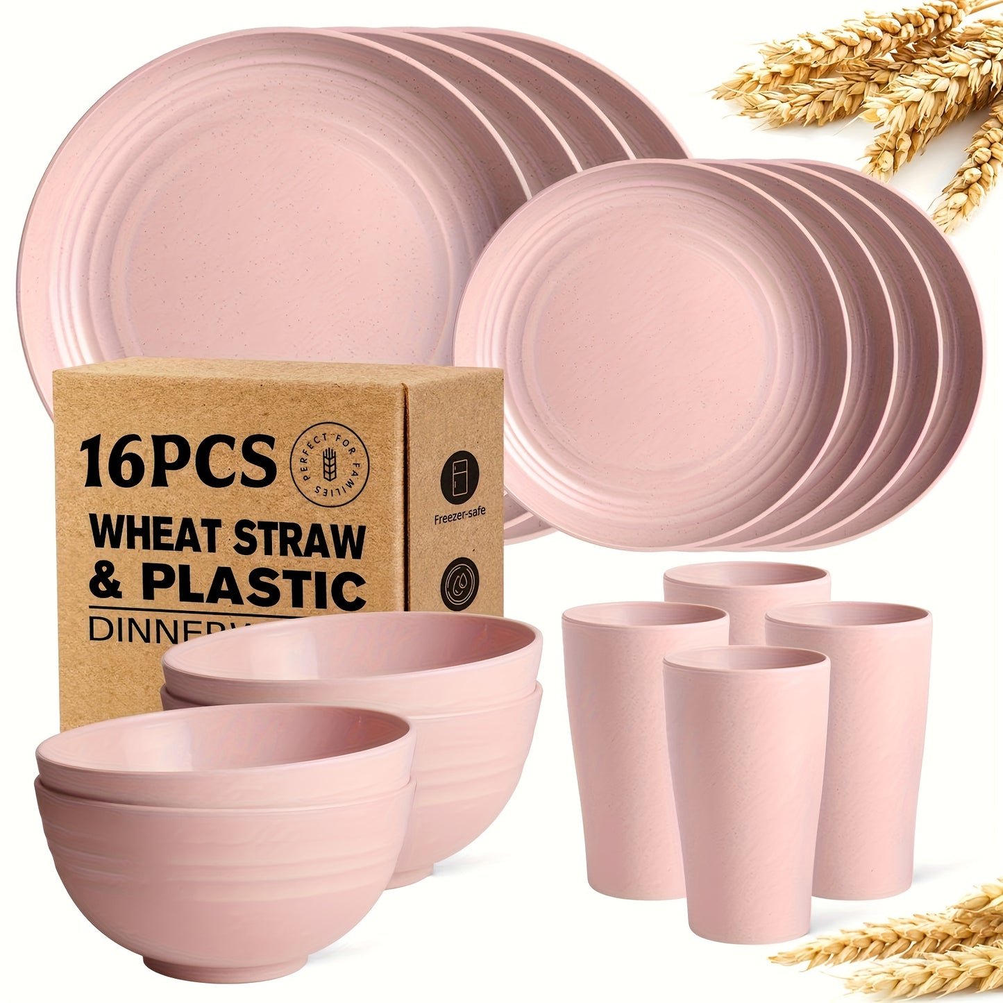 32/16pcs Dinnerware Sets Made from Wheat Straw, Including Plates And Bowls for 8 People, Featuring Black Plastic Dinnerware That Is Safe for Microwave And Dishwasher Use. This Dish Set Is Perfect for Valentine'S Day And Serves As a Durable Party Tab