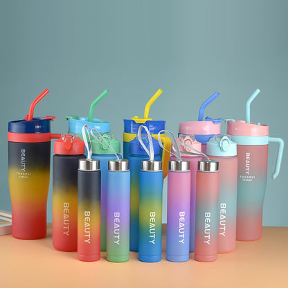 3pcs Ice Tumbler, Gradient Color Frosted Straw, Double Drinking Plastic Water Cup, 300Ml/800Ml/1200Ml (10Oz/27Oz/40Oz), Large Capacity Car Handle Car Cup