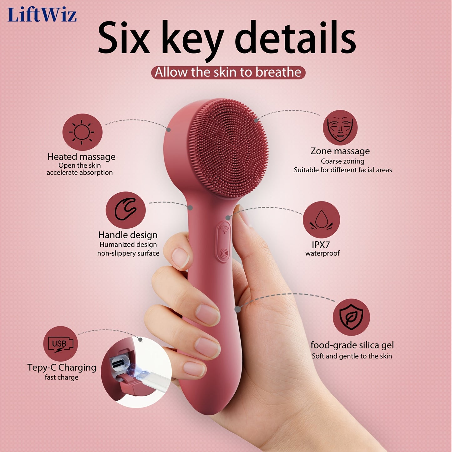 Face Scrubber, Facial Cleansing Brush, Face Brush, Silicone Face Scrubber, Facial Massage, 12000 Vibrations Per Minutes, IPX7, USB Rechargeable, Heat Massage, Deep Pore Cleansing, Exfoliating, Suitable with Sensitive Skin