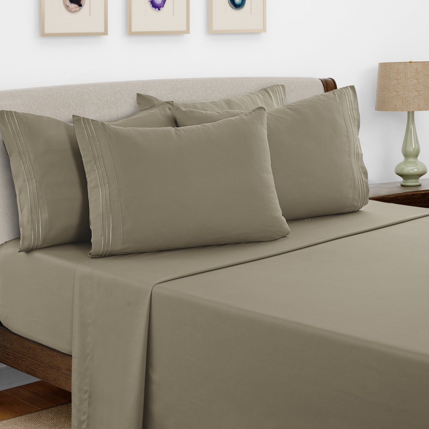 Lux Decor 6 Pieces Solid Bed Sheets Set - Modern Soft Comfortable Bedding Set, Hotel Luxury Skin Friendly Cooling Sheets & Embroidered Pillowcases Without Filler - All Seasons Bed Sheet with 16 Inches deep Pocket, Breathable Skin Friendly & Cooling Sheets