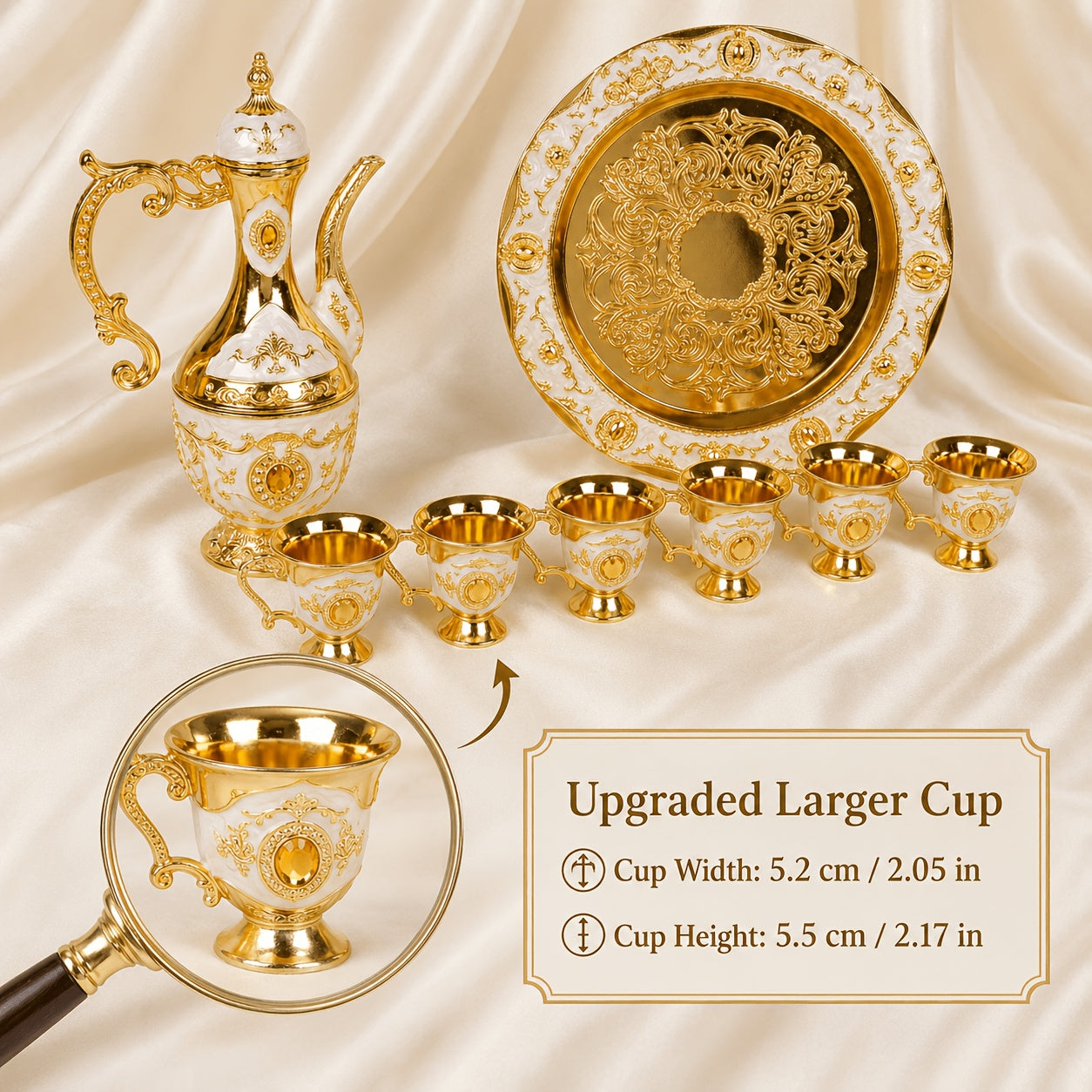 Zinc Alloy Material, A Stylish And Durable Set Of Golden Coffee Pot, European-style Tea Set, 6 Luxurious Coffee Cups, Elegant And Generous Guest Drinking Utensil Set, Craft Tea Tray And Teapot, Used For Tea, Coffee, Cappuccino