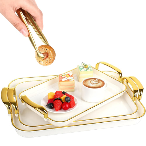 3pcs Handled Tray Set, Measuring 16.5/15/13.2 Inches, Ideal for Serving Food at Large Gatherings. Reusable White Plastic Rectangular Trays Perfect for Holding Meals, Dinners, Cakes, Turkey, Cheese, Fruit, And Appetizers