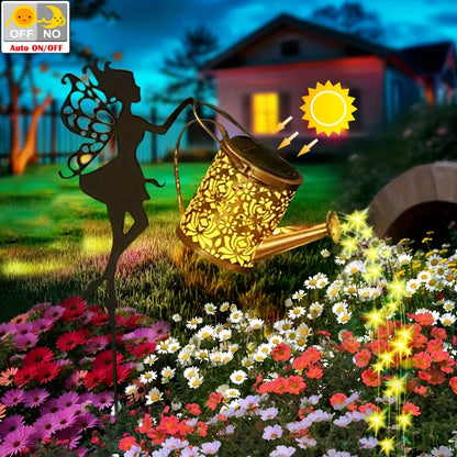 Solar Fairy Waterfall Lights for Halloween Decoration, Featuring a Solar Watering Can Lamp Made of Metal. This Garden Decor Includes 36 LED Flowing String Lights And Serves As an Outdoor Solar Stake Lamp. It Is IP65 Waterproof, Suitable for Patios
