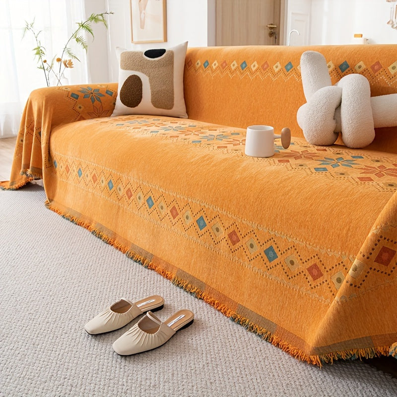 1pc Bohemian Sofa Cover with -Style Embroidery - Chenille Fabric Fit for Single/Double/Triple/Quad Sofas, Sofa Compatible for -Section Couches, Machine Washable (No Padding)