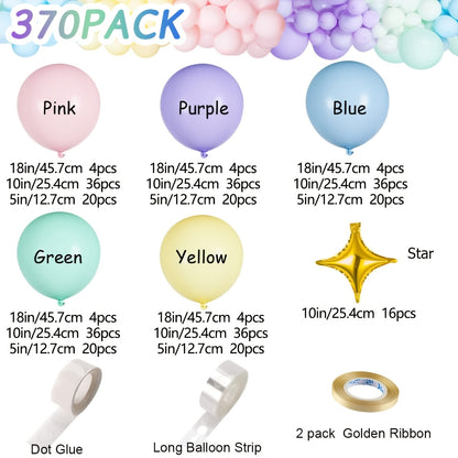 Pastel Balloon Set 370pcs – 10 & 5 Inch Macaron Latex Balloons with Wreath Kit for Birthday Party, Wedding, Graduation & Celebration Decorations