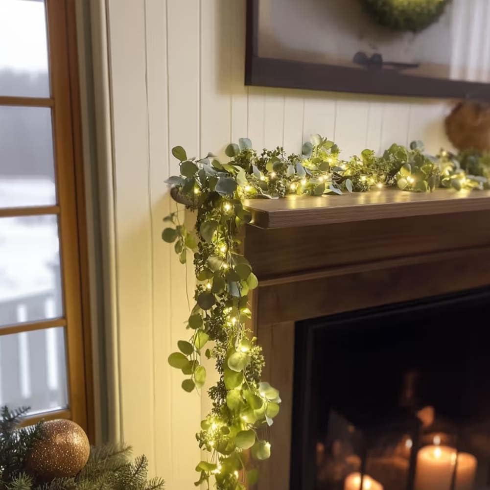 Eucalyptus Leaf Wreath String Lights 4pcs Battery Powered Warm LED Fairy Lights for Holiday Table Centerpiece Indoor Home Decoration