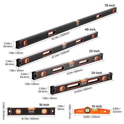 Magnetic Torpedo Level Set 6 PCS 78/48/32/24/16/10 Inch with Anti-Static Bubble Vials, 3-in-1 Aluminum Spirit Level Kit for Construction