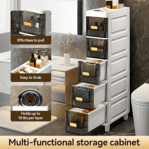 Deluxe Slim Storage Cabinet with Drawers - Durable Waterproof PP Material, Multi-Purpose Organizer with Ample Storage for Bathroom, Kitchen, Personal Care Product Dispensers, and More - Ideal for Small Spaces, Storage Drawer Units