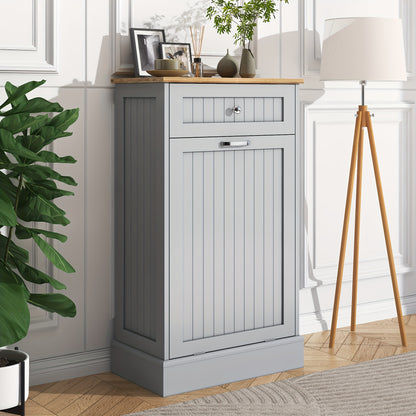 Single Trash Cabinet Tilt Out Freestanding, Kitchen Trash Cabinet Laundry Hamper with Cutting Board, Wood Garbage Recycling Station Hideaway Trash Holder Drawers