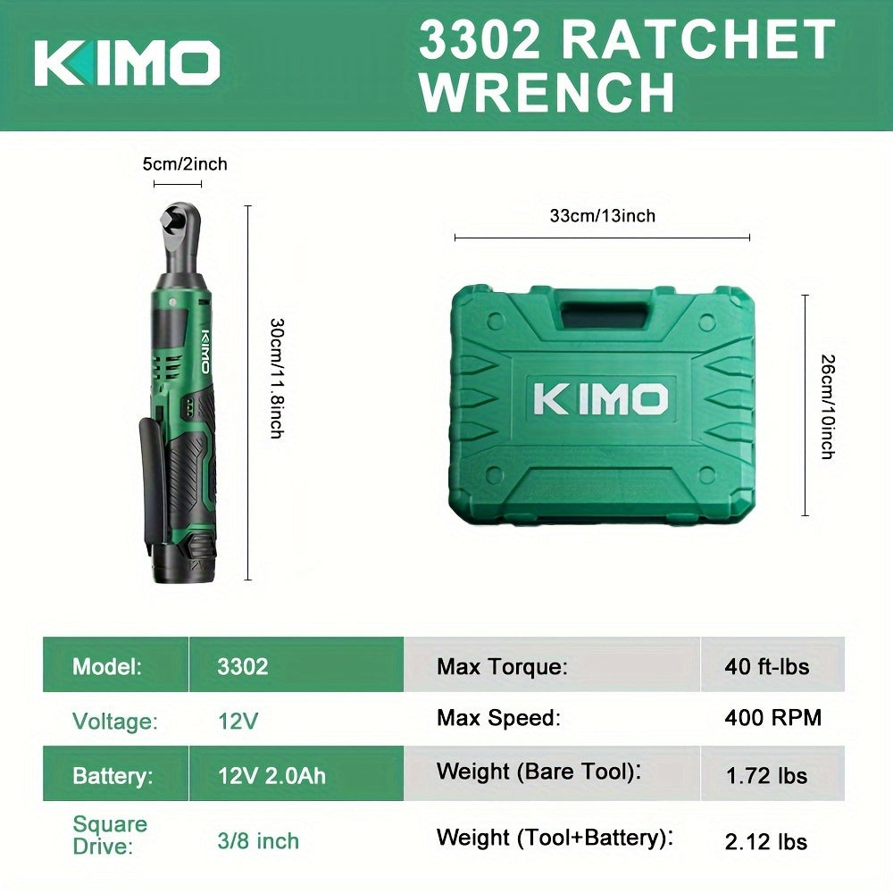KIMO Electric Ratchet Wrench, Cordless Ratchet Wrench Set, 3/8 Inch 12V Power Tool, 40ft Lbs Torque, 400 RPM, Fast Charger, 2.0Ah Lithium Ion Battery, 8 Sockets Included, Variable Speed Trigger, Fathers Day Gift for Men, DIY, Automotive, Mechanics