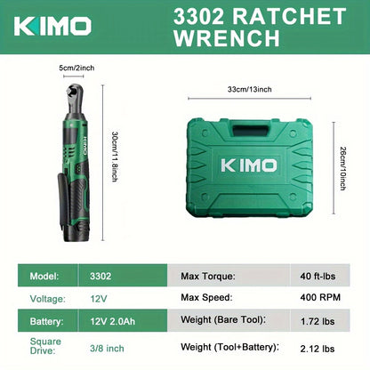 KIMO Electric Ratchet Wrench, Cordless Ratchet Wrench Set, 3/8 Inch 12V Power Tool, 40ft Lbs Torque, 400 RPM, Fast Charger, 2.0Ah Lithium Ion Battery, 8 Sockets Included, Variable Speed Trigger, Fathers Day Gift for Men, DIY, Automotive, Mechanics