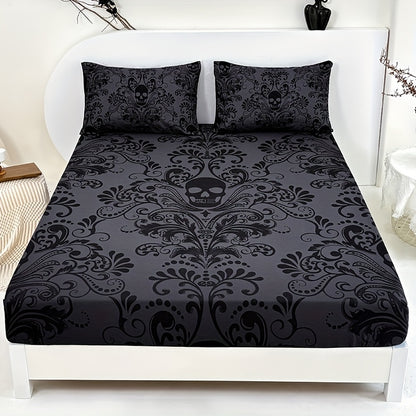 3pcs Black and Gray Patterned Skull Victorian Baroque Gothic Vintage Fitted Sheet Set - 1 Fitted Sheet + 2 Pillowcases (Pillow Inserts Not Included), Classic Halloween Series, Deep Pocket 15 Inches, Machine Washable, Hypoallergenic, High Quality