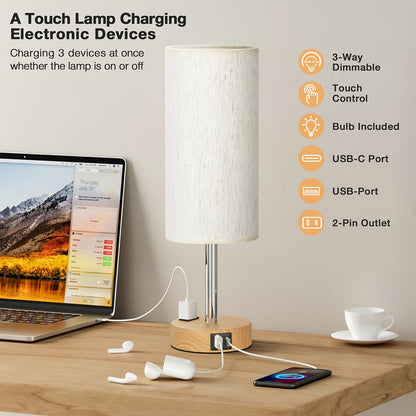 Dimmable Table Lamps With USB Charging Ports & AC Outlet, 3-Way Switch Control Bedside Nightstand Lamps, Wood/Metal Base, Modern Desk Lamps For Bedroom, Living Room, Office, Bulbs Included (1/2 Pack)