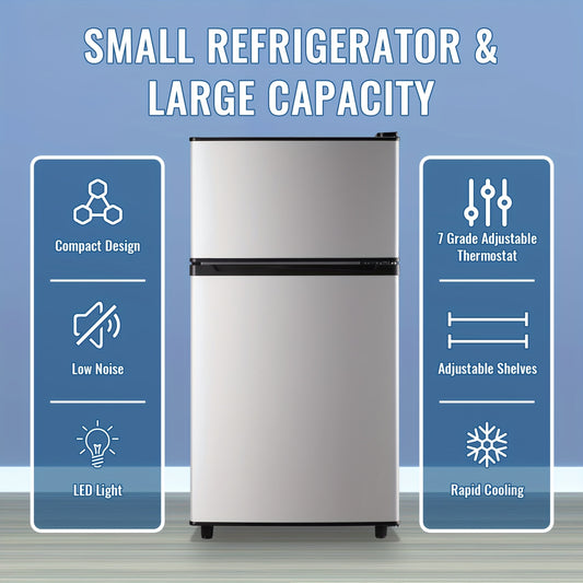 Small Fridge with Freezer, 2-Door Compact Refrigerator with 7-Level Adjustable Thermostat, Removable Shelves & Basket – 2.5 or 3.5 Cu Ft Silver Mini Fridge for Dorm, Office, RV and Bedroom