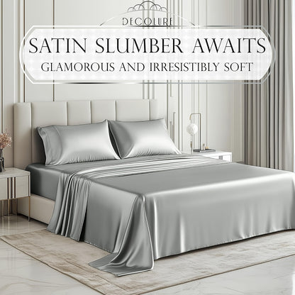 4pcs Satin Cooling Sheet Set - Cooling, Silky, Lightweight & Breathable Microfiber - Deep Pocket Fitted Sheet + Flat Sheet & 2 Pillowcases - Summer Satin Bed Sheets