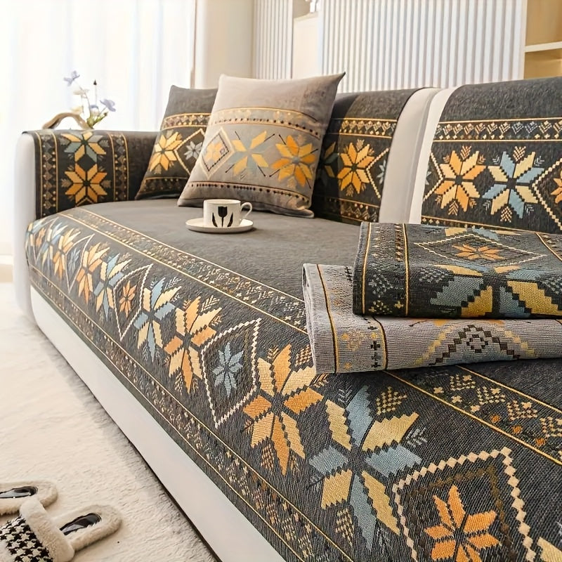 Chenille Sofa Slipcover 1pc Boho Vintage Style - Luxury Non-Slip Removable Four Seasons Universal Couch Cover | Armrest 1 2 3 4 Seater | Dark Gray Light Gray Blue | Living Room Home Decor