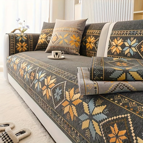 Chenille Sofa Slipcover 1pc Boho Vintage Style - Luxury Non-Slip Removable Four Seasons Universal Couch Cover | Armrest 1 2 3 4 Seater | Dark Gray Light Gray Blue | Living Room Home Decor