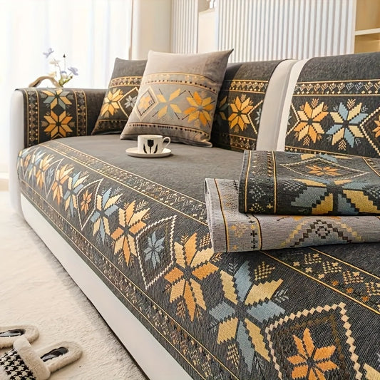 Chenille Sofa Slipcover 1pc Boho Vintage Style - Luxury Non-Slip Removable Four Seasons Universal Couch Cover | Armrest 1 2 3 4 Seater | Dark Gray Light Gray Blue | Living Room Home Decor