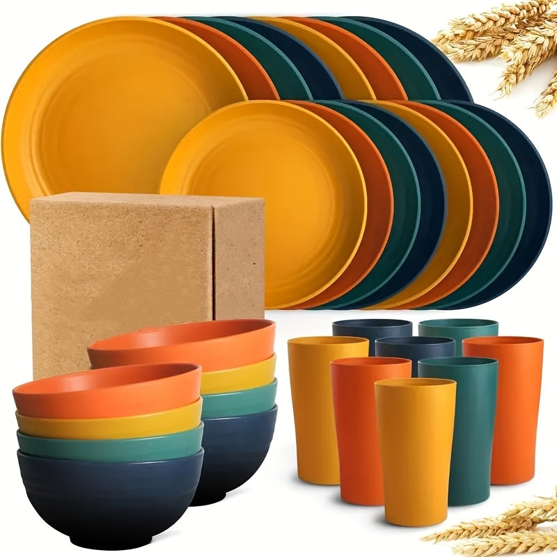 32pcs (for 8 people) Wheat Straw Dinnerware Set - Unbreakable Plastic Plates, Bowls & Cups, Lightweight PP Dinnerware for //Picnic/Camping, Modern Round Tableware for Home & Parties, Durable Easy-Clean Plates and Bowls