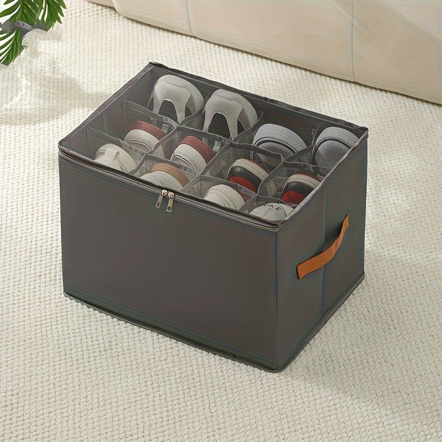 4/2pcs Oxford Fabric Space-Saving Shoe Storage Organizer, with Adjustable Dividers, Transparent Lid & Handles, Capacity for 12 Pairs, Foldable Design, Used for Shoes, Apparel & Accessories, Zippered Dustproof Closure, Trunks
