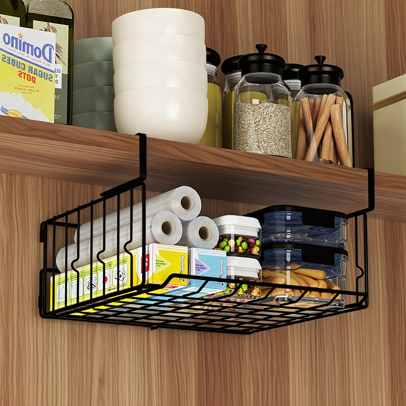 Hanging & Wall-Mounted Foldable Storage Basket - Waterproof Rust-Resistant Organizer for Kitchen, Laundry, Pantry, Desk & Under Cabinet Shelves - Collapsible Metal Black