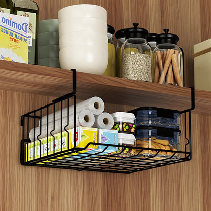 Hanging & Wall-Mounted Foldable Storage Basket - Waterproof Rust-Resistant Organizer for Kitchen, Laundry, Pantry, Desk & Under Cabinet Shelves - Collapsible Metal Black
