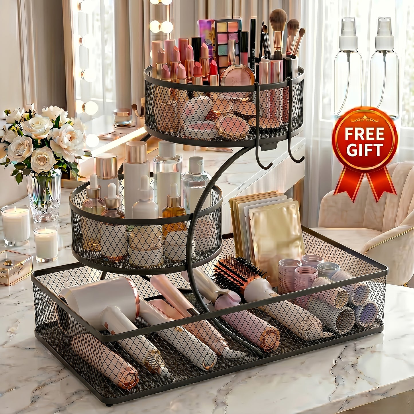 3-Tier Metal Bathroom Storage Rack, Includes A Spray Bottle | Hooks - Space-Saving Countertop Organizer for Cosmetics, Skincare, And Toiletries | Rust-Resistant Diamond Mesh Design | Sturdy And Durable, Suitable for Vanities, Bathrooms, Wardrobes