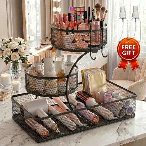 3-Tier Metal Bathroom Storage Rack, Includes A Spray Bottle | Hooks - Space-Saving Countertop Organizer for Cosmetics, Skincare, And Toiletries | Rust-Resistant Diamond Mesh Design | Sturdy And Durable, Suitable for Vanities, Bathrooms, Wardrobes